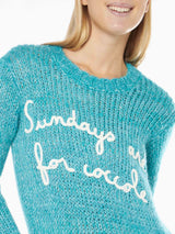 Woman crewneck soft crop sweater with Sundays are for Coccole embroidery