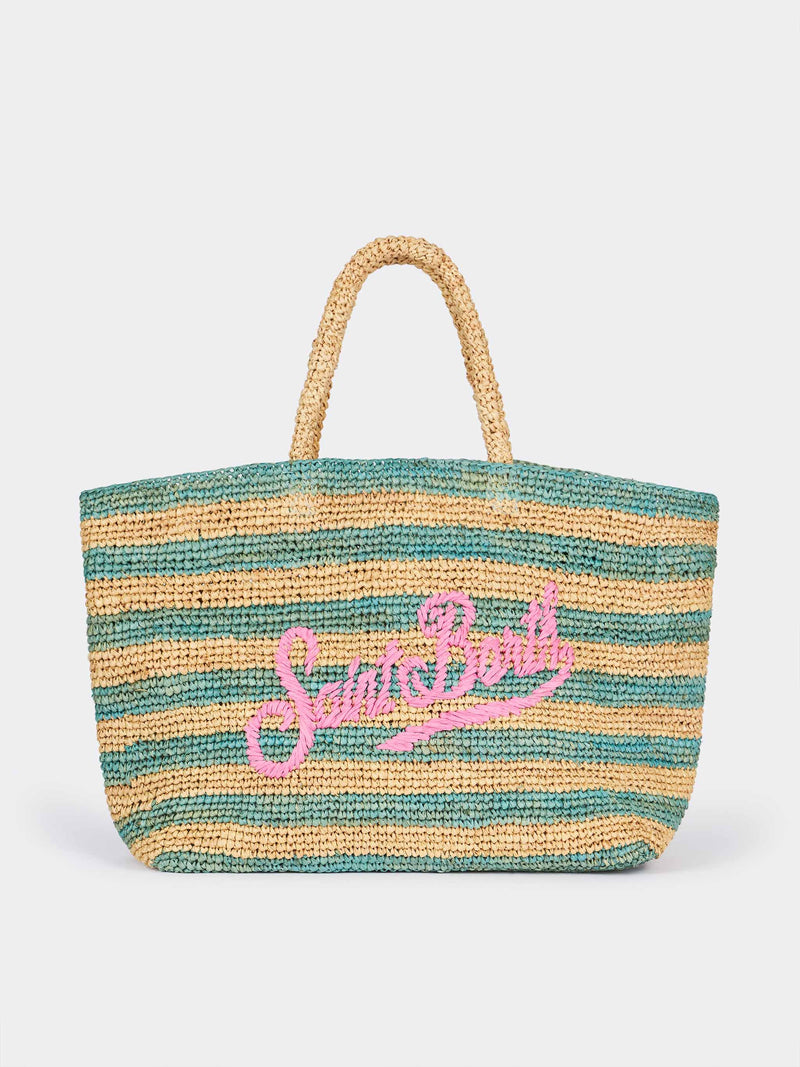 Türkis gestreifte Raffia-Strandtasche mit Baumwollbeutel