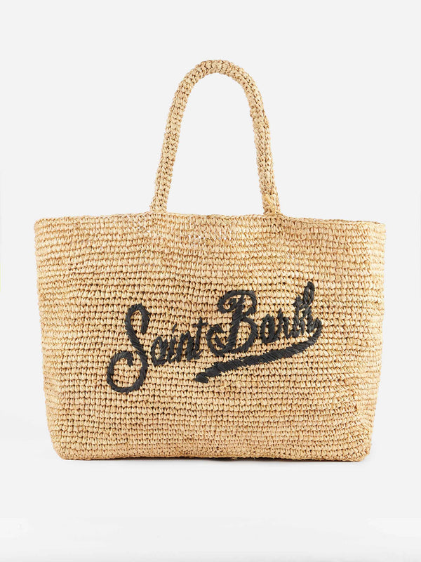 Borsa da spiaggia in rafia a righe beige con custodia in cotone