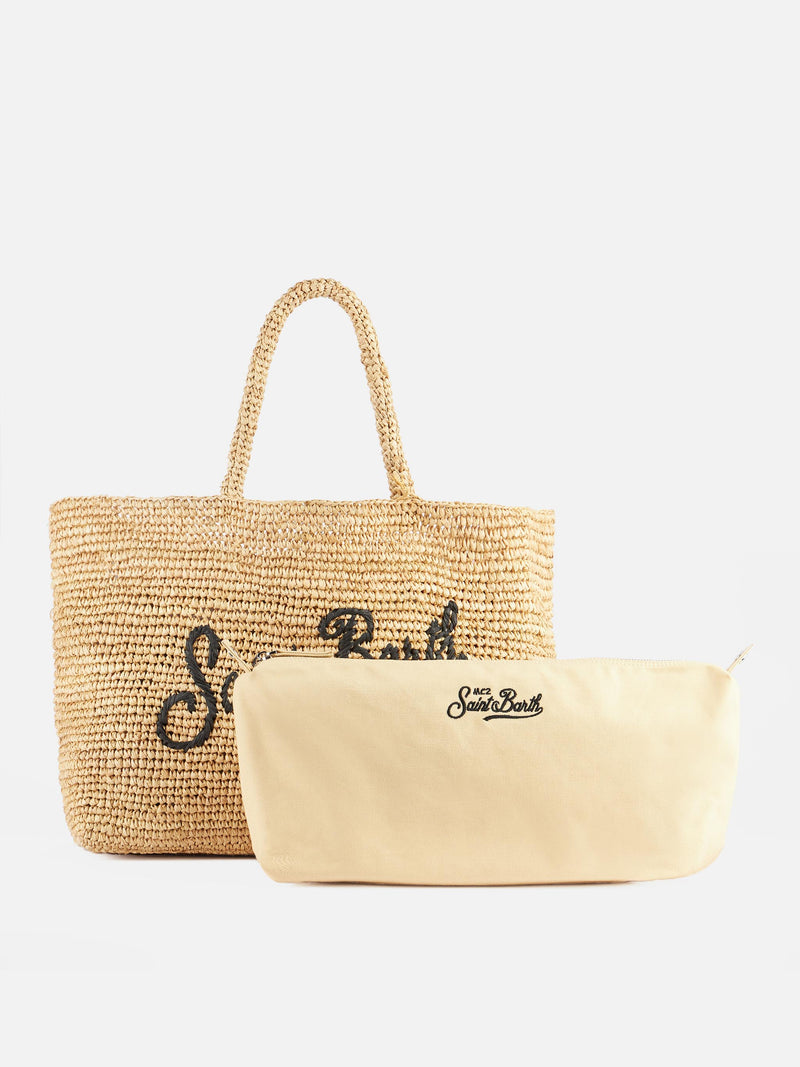 Borsa da spiaggia in rafia a righe beige con custodia in cotone