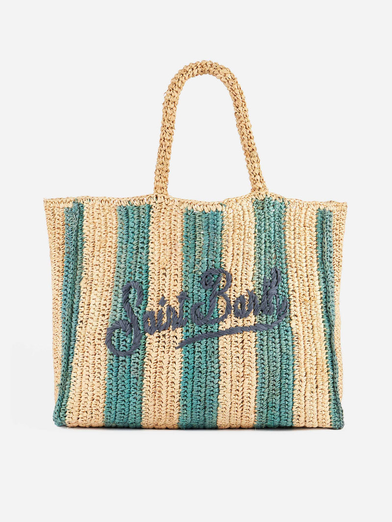 Light blue striped Raffia Beach bag with cotton pouch