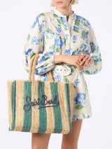 Light blue striped Raffia Beach bag with cotton pouch