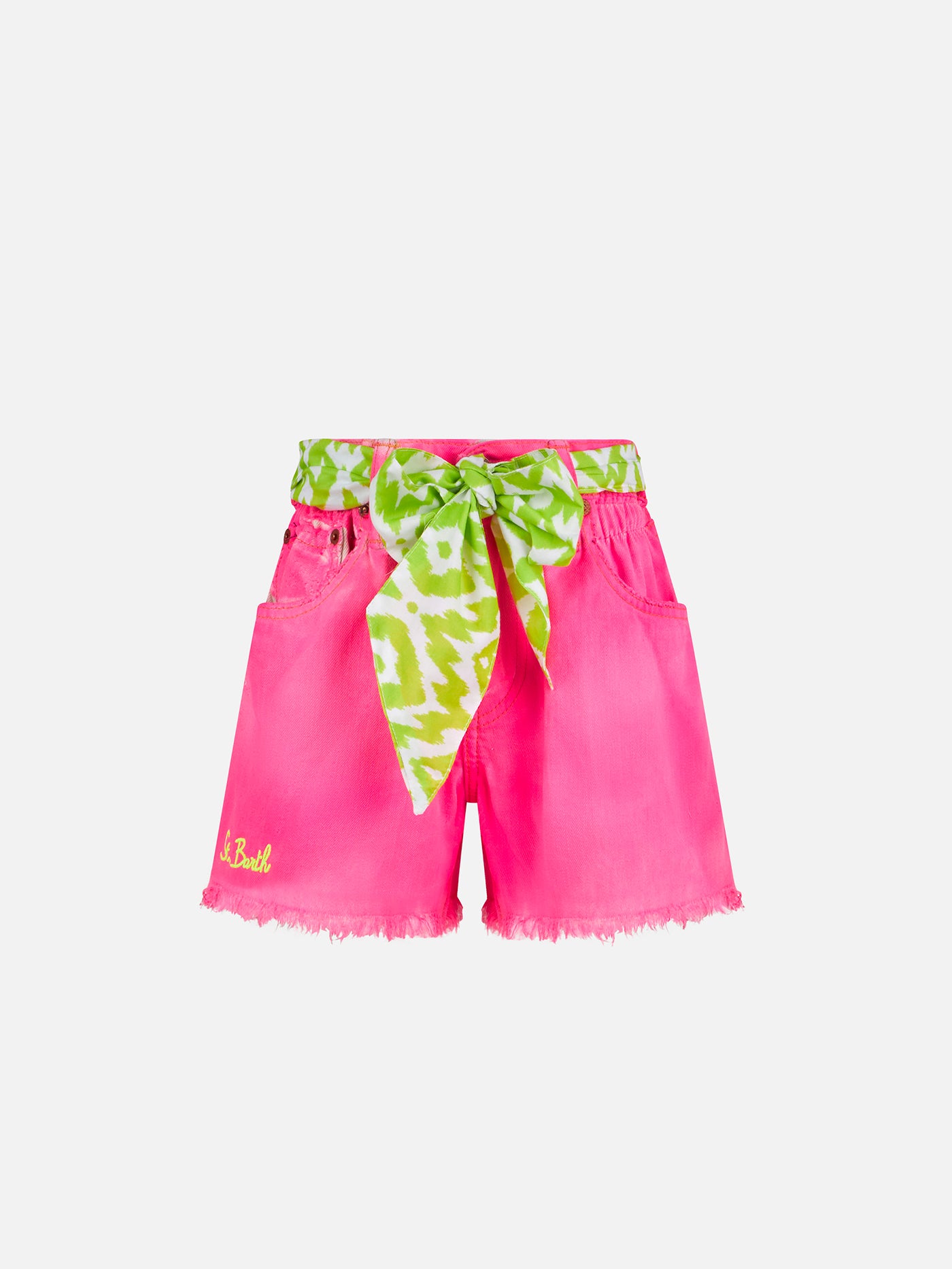 girl-fluo-pink-upcycled-denim-shorts-embroiderhy