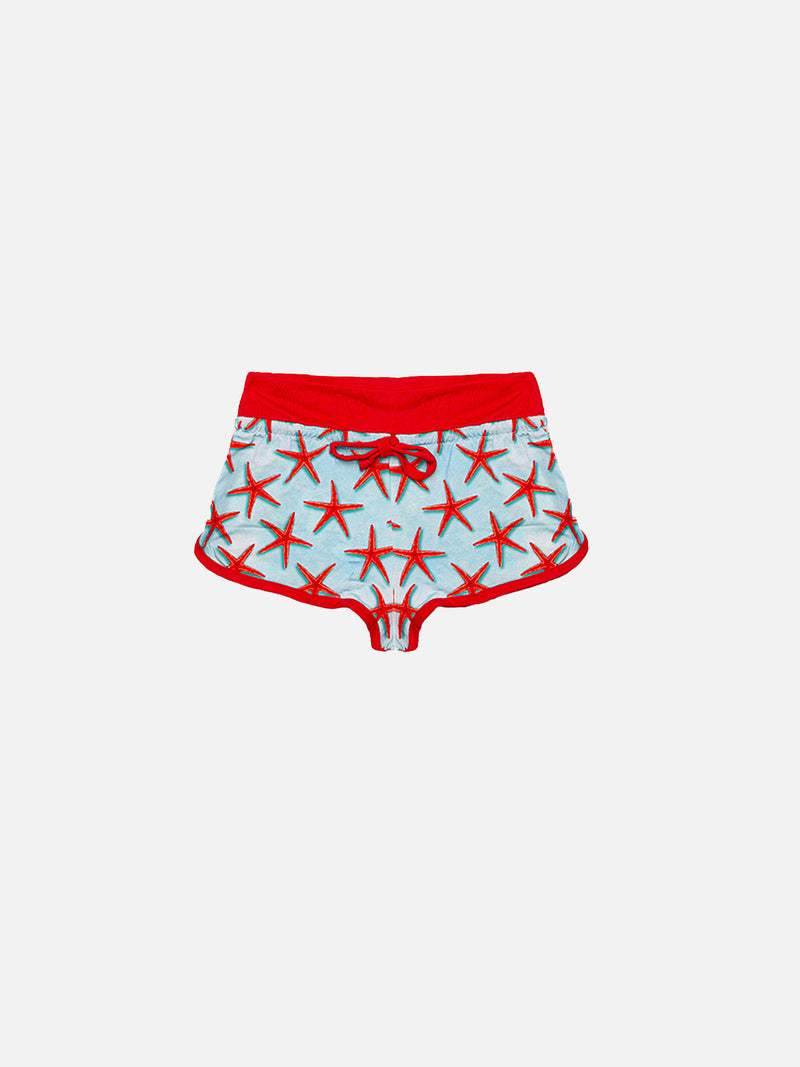 Rote Mädchen-Strandshorts mit Seastars-Print