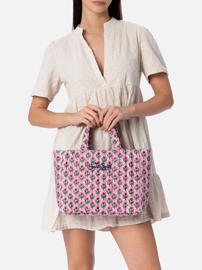 Gesteppte Soft Tote Mid Bag mit rosa Blumenmuster