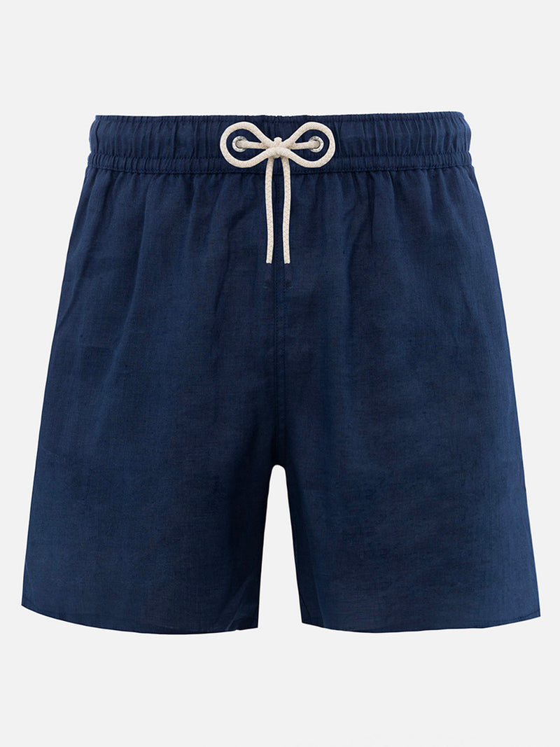 Costume da bagno da uomo di media lunghezza in lino blu navy Gustavia