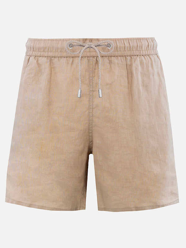 Man mid-length beige linen swim-shorts Gustavia