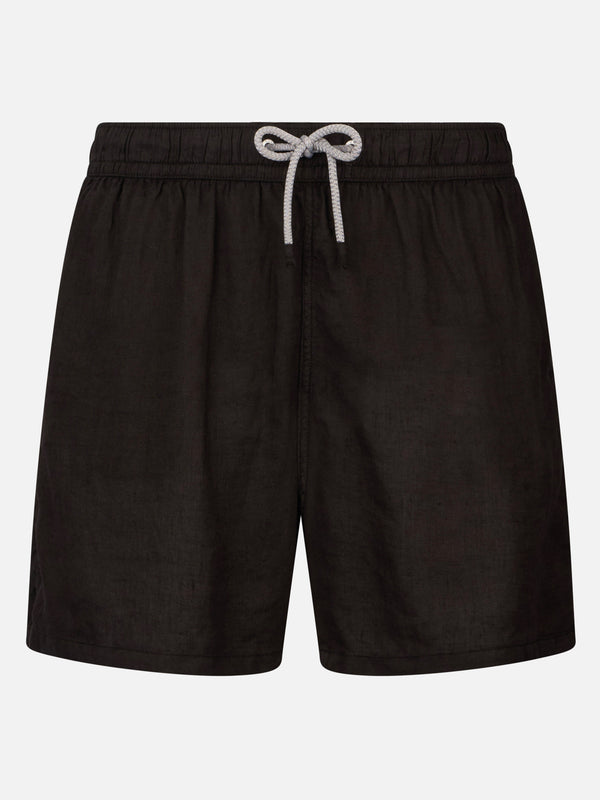 Man mid-length black linen swim-shorts Gustavia