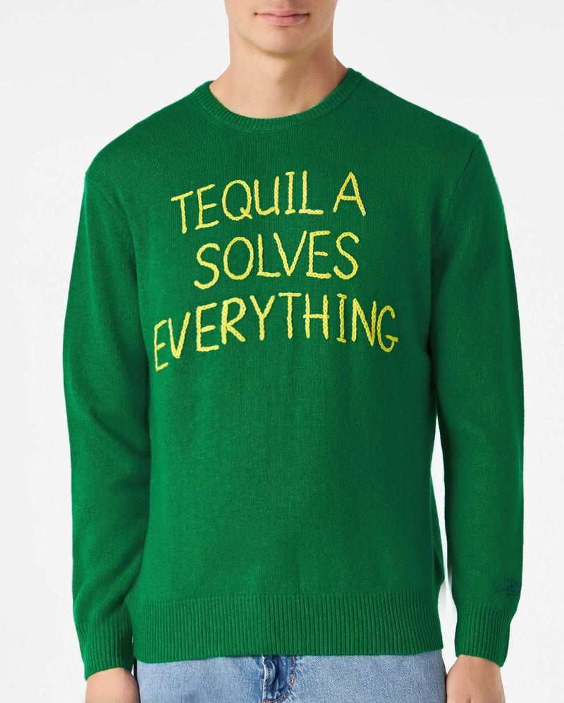 Man green sweater with Tequila solves everything embroidery