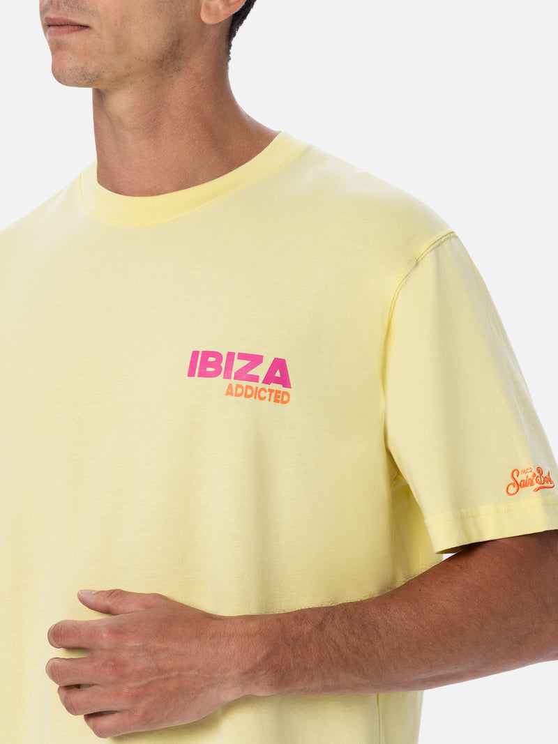 Man cotton t-shirt with Ibiza Addicted postcard placed print