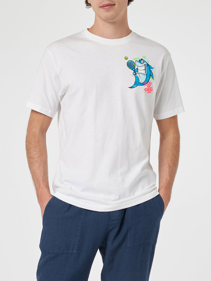 Man cotton t-shirt with Crypto puppets Shark Padel front and back placed print | CRYPTO PUPPETS SPECIAL EDITION