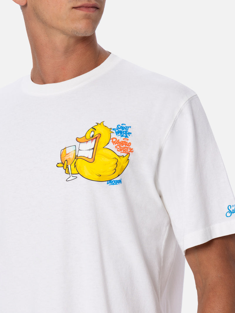 T-shirt da uomo in cotone con stampa piazzata fronte e retro Cryptopuppets Ducky Aperitif | EDIZIONE SPECIALE CRYPTOPUPPETS