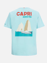 Man cotton t-shirt with Capri Addicted postcard placed print