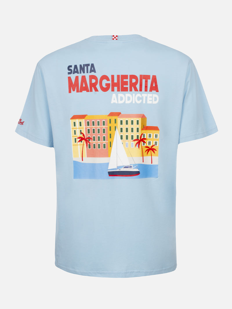 Man cotton t-shirt with Santa Margherita Addicted postcard placed print