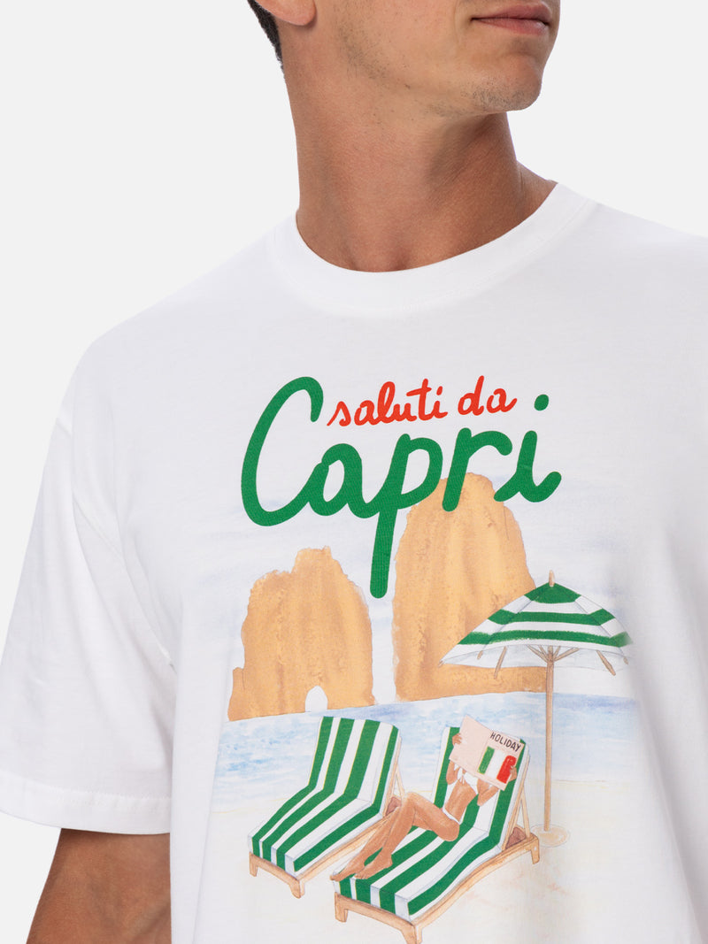 T-shirt da uomo in cotone con stampa piazzata Saluti da Capri