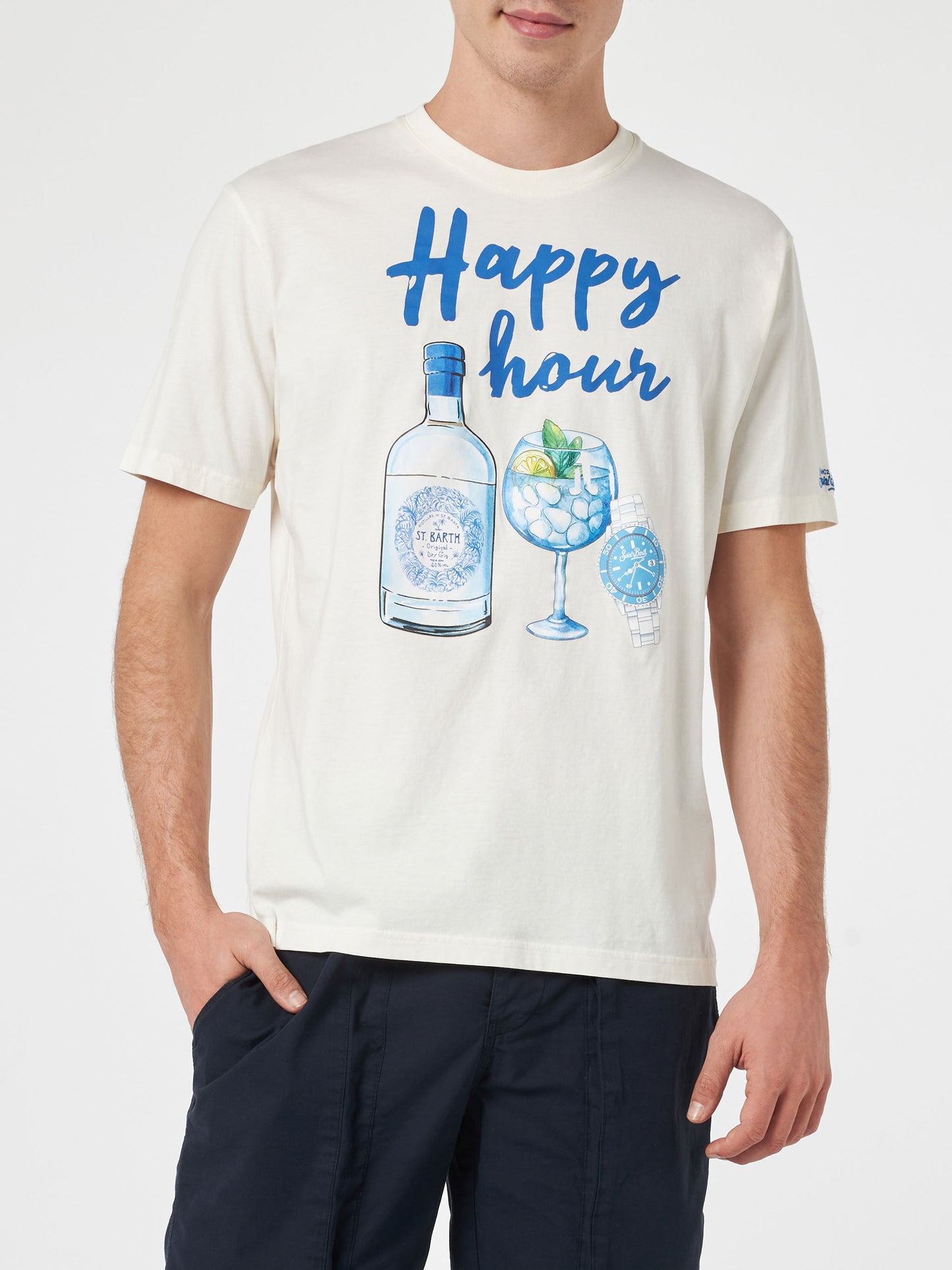 Man cotton t-shirt with Happy Hour placed print