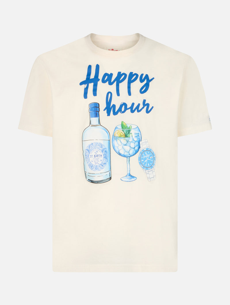 Herren-T-Shirt aus Baumwolle mit platziertem Happy Hour-Aufdruck