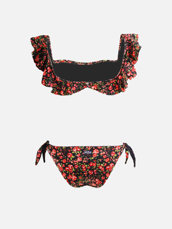 Flower print ruffled bandeau bikini