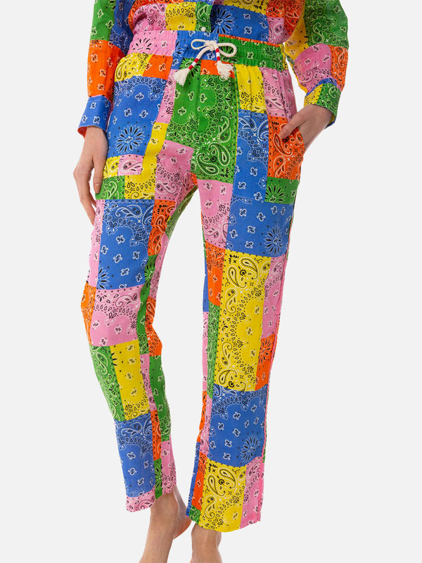 Woman linen pants with multicolor bandanna print