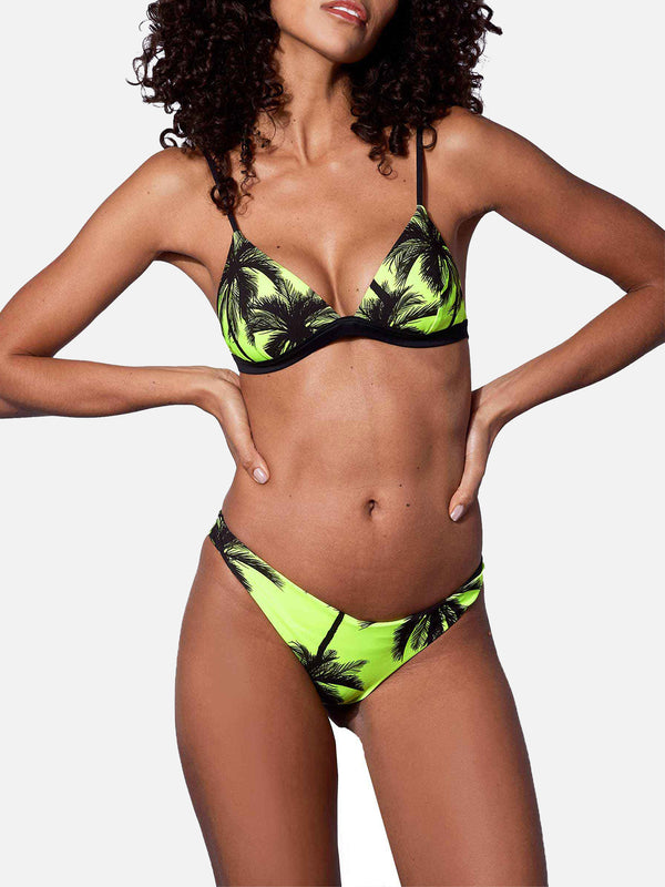 Fluoreszierender Triangel-Bikini mit Palmenmuster in Gelb