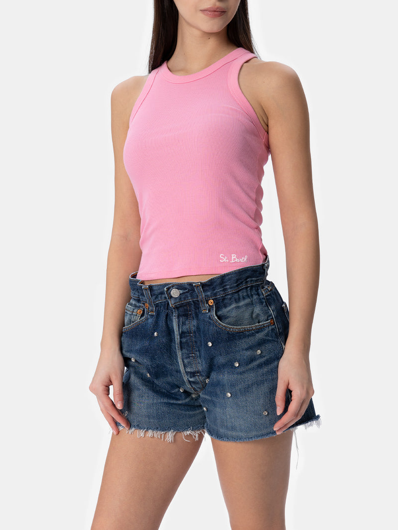 Woman rib-knit pink cotton tank top