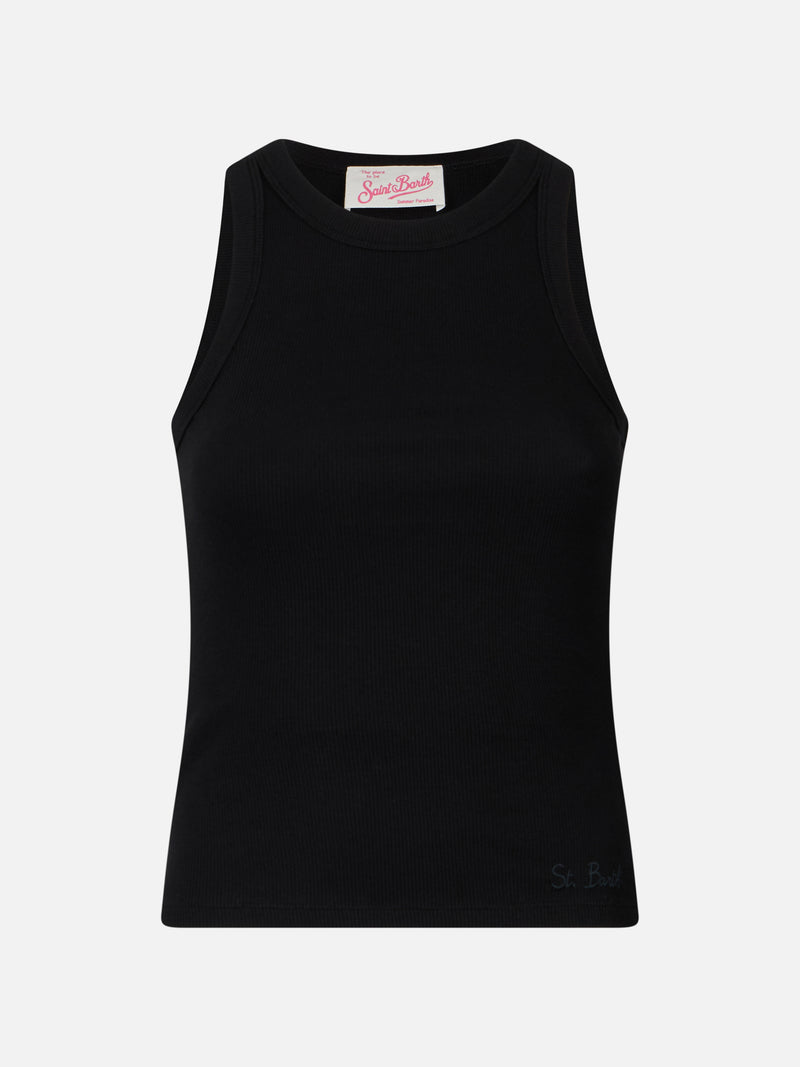 Woman rib-knit black cotton tank top