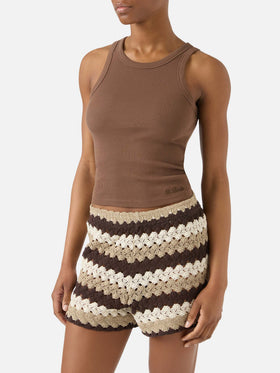 Brown ribbed Ada tank top with embroidery