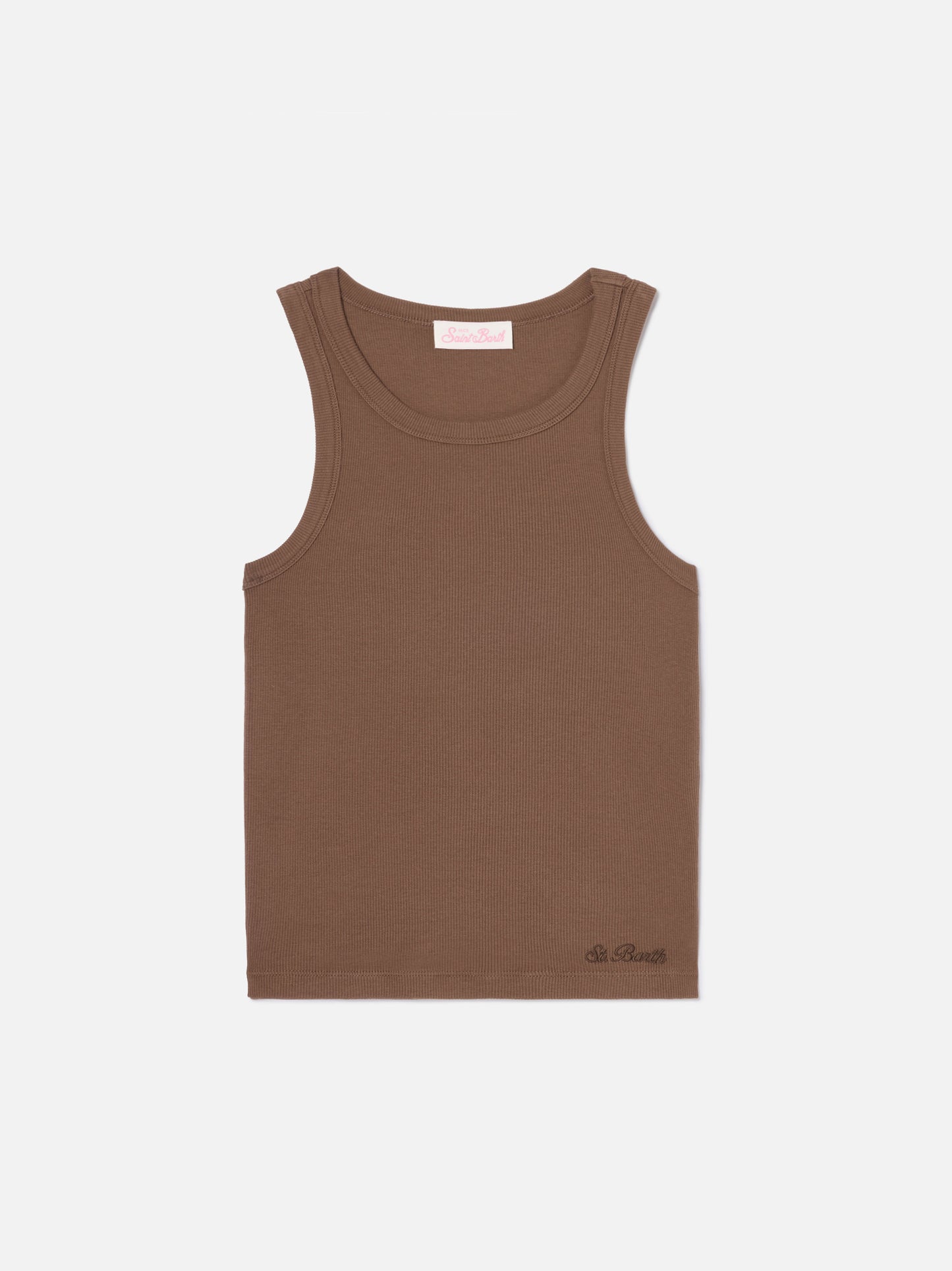 Brown ribbed Ada tank top with embroidery