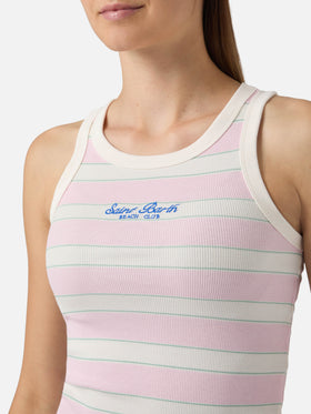 Canottiera Ada a righe rosa con ricamo beach club