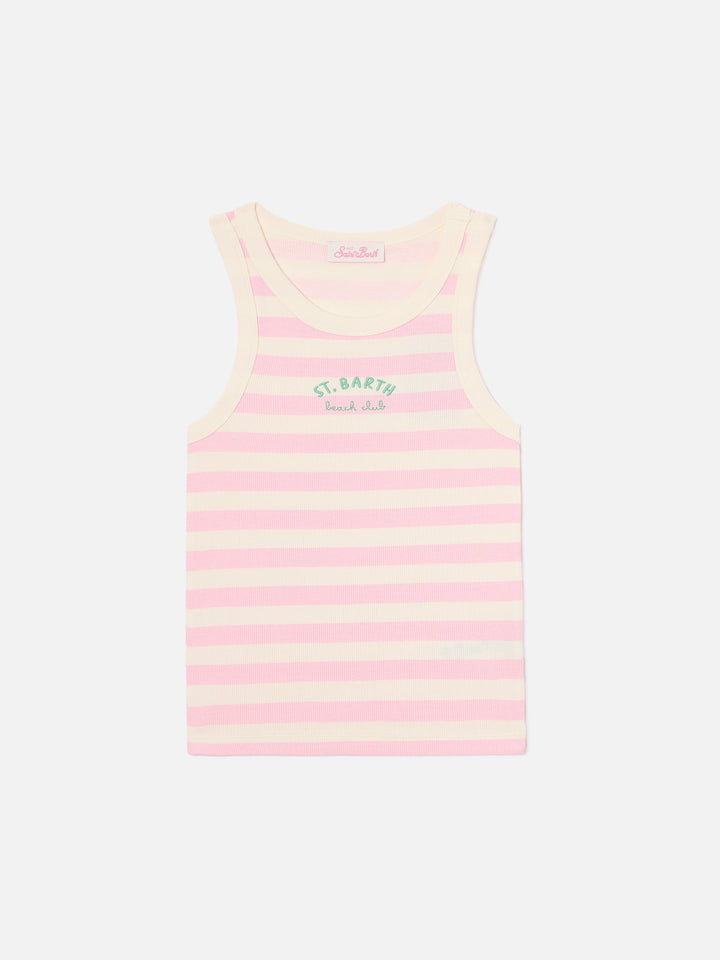 Canottiera Ada a righe rosa con ricamo beach club