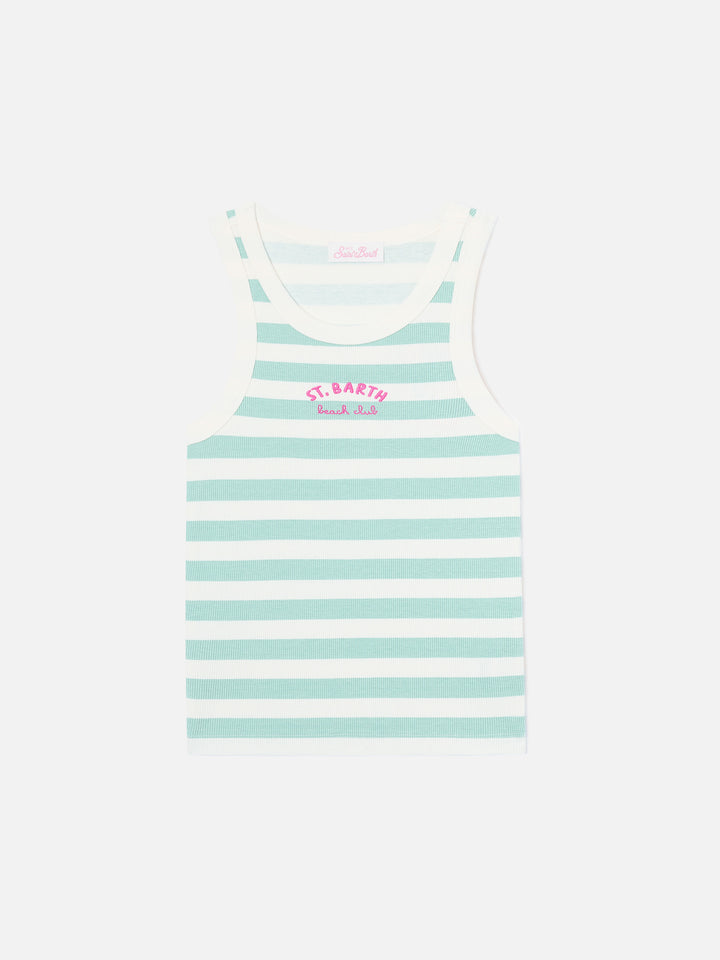 Sage green striped Ada tank top with beach club embroidery