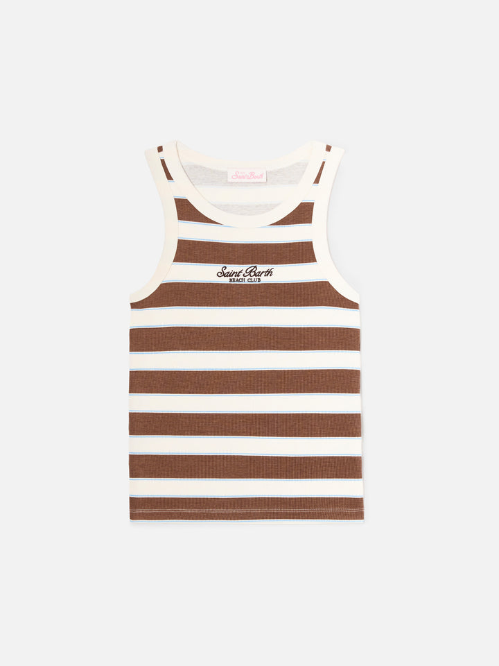 Brown striped Ada tank top with beach club embroidery