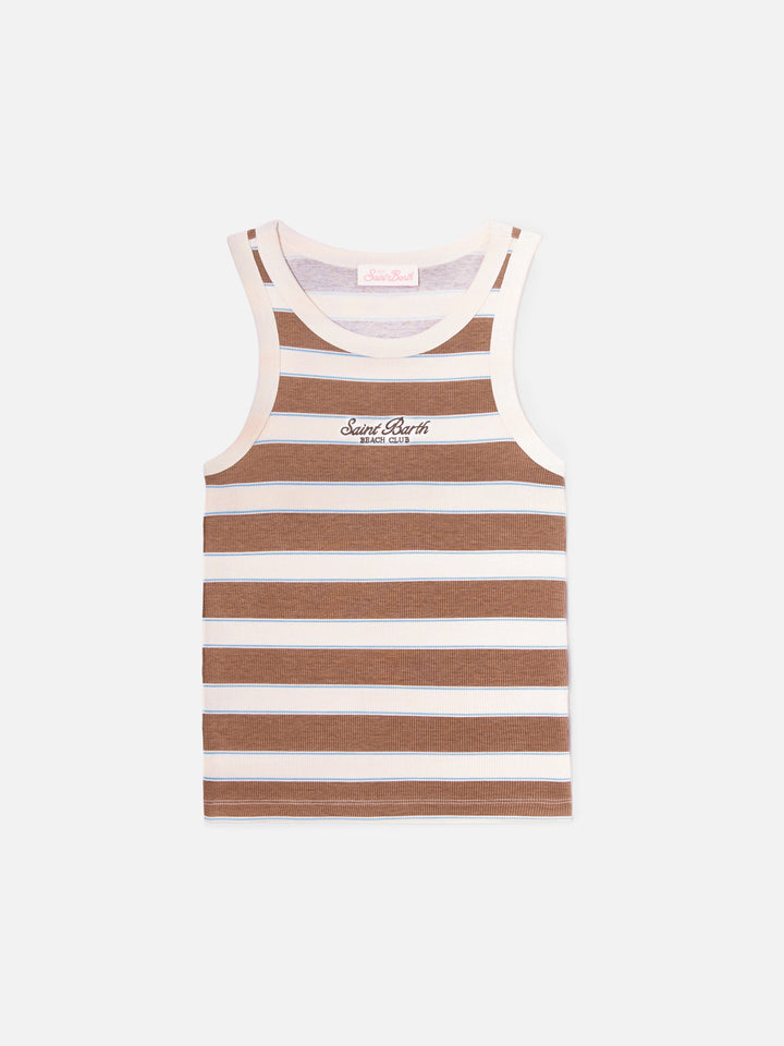 Brown striped Ada tank top with beach club embroidery