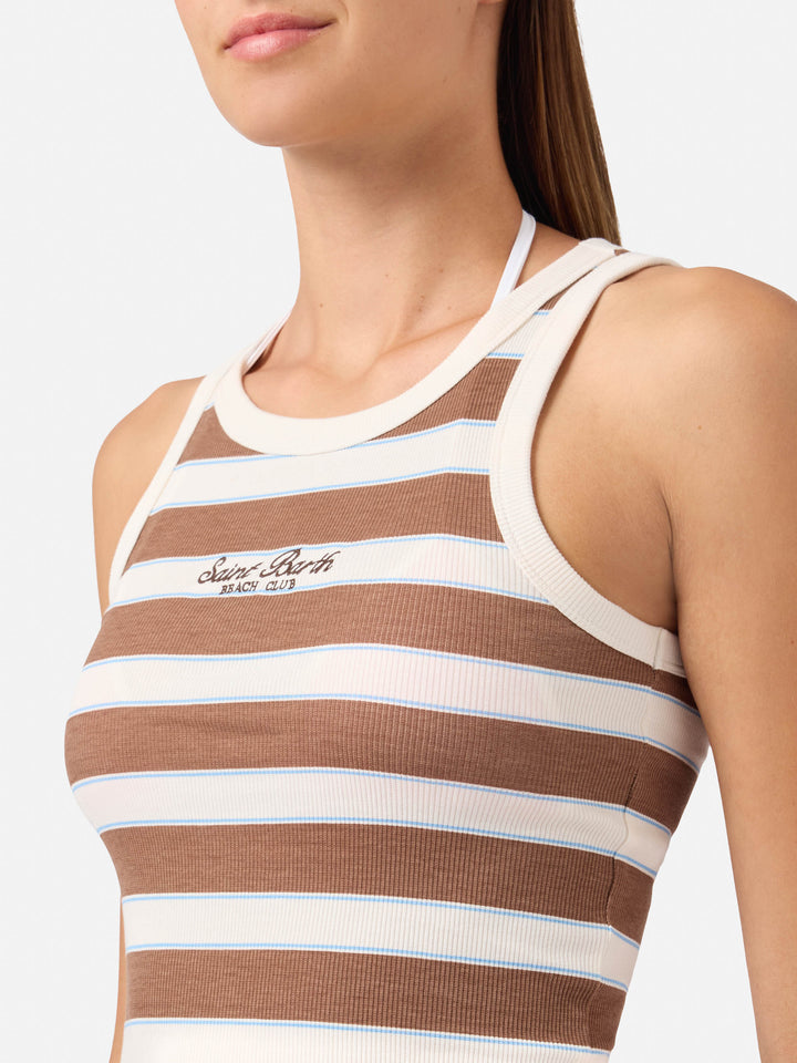 Top de tirantes Ada de rayas marrones con bordado beach club 