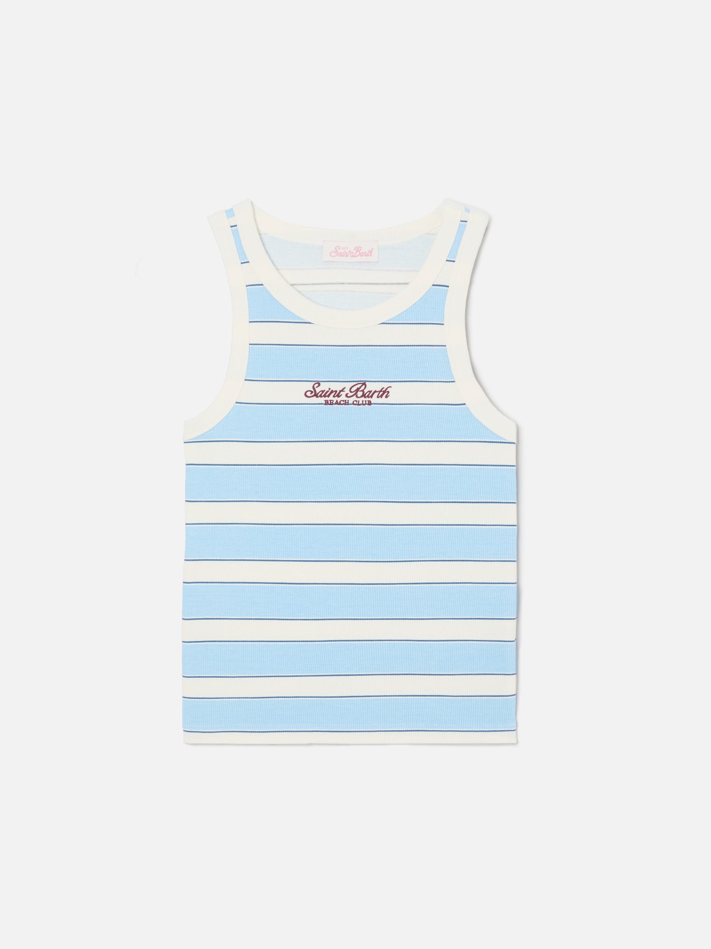 Camiseta de tirantes Ada a rayas azul claro con bordado beach club 