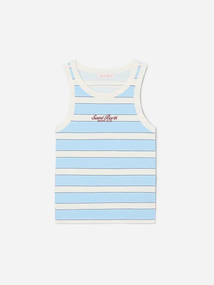 Camiseta de tirantes Ada a rayas azul claro con bordado beach club 