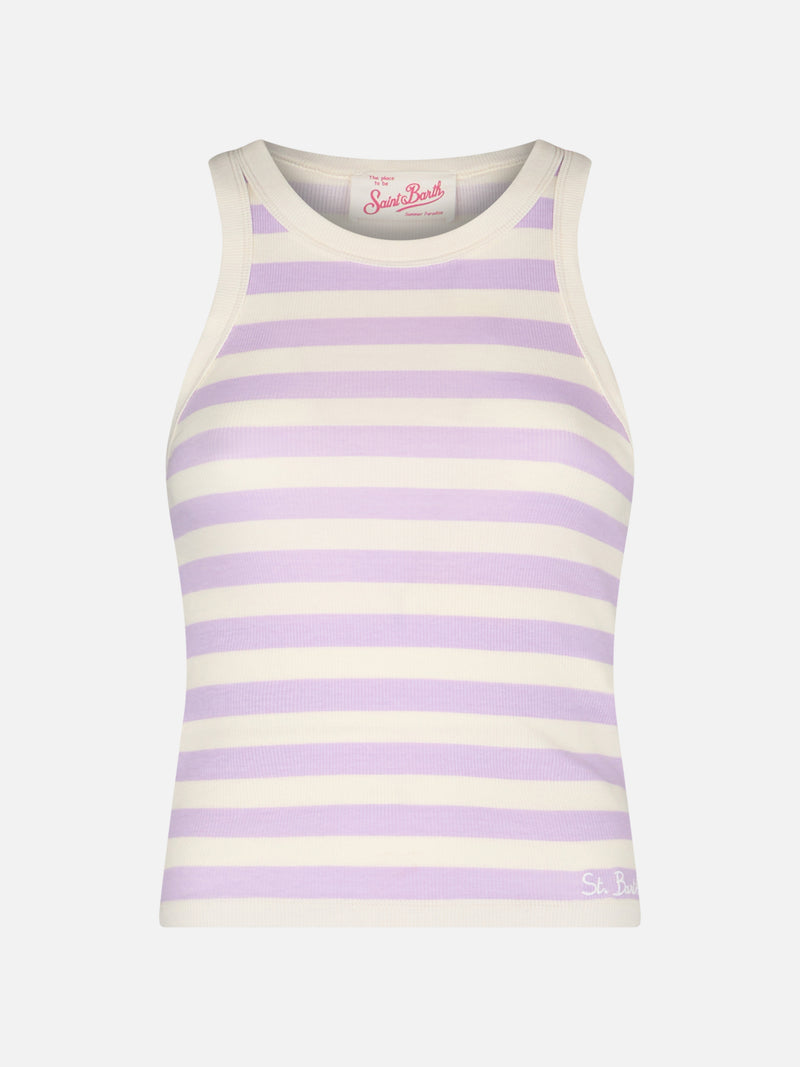 Woman rib-knit lilac and off-white striped cotton tank top