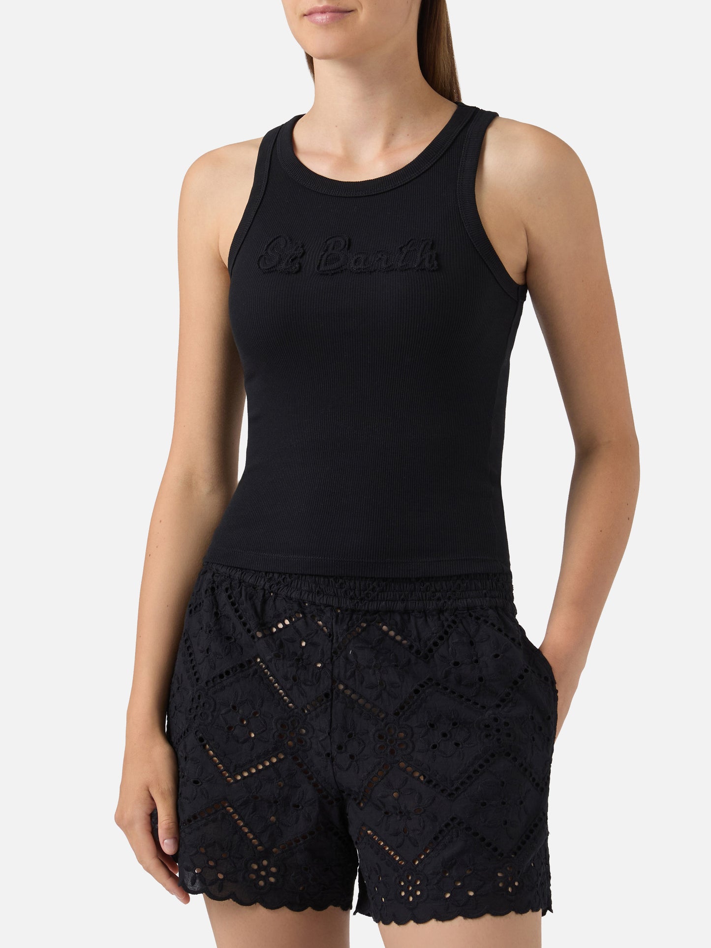 Ribbed black Ada tank top with raised logo patch