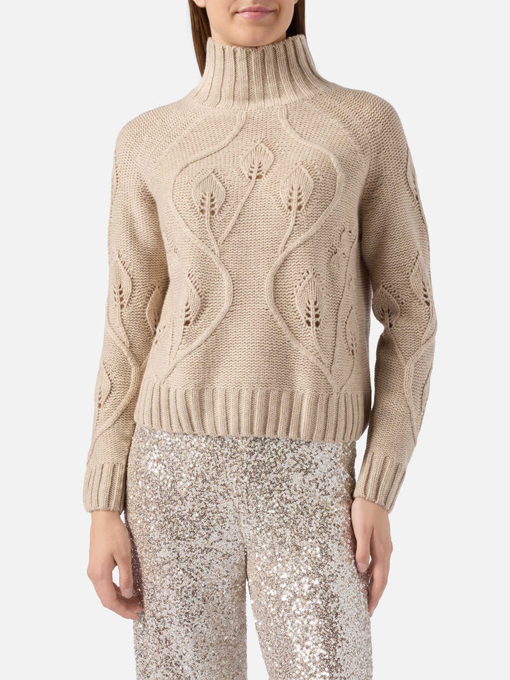 Maglia beige a collo alto Alais in misto cashmere con fiori 3D