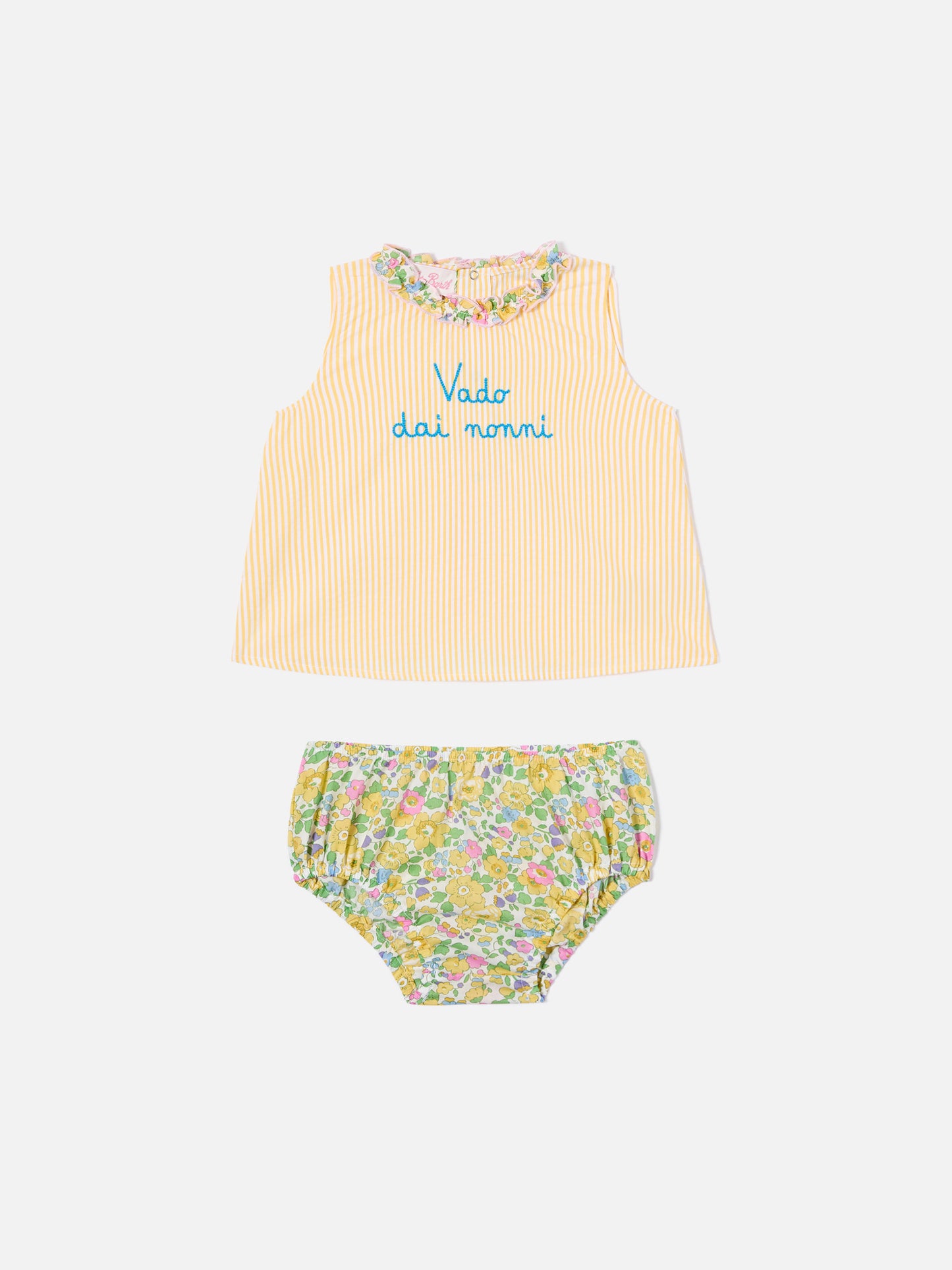 Abbie top and bloomer set with Vado dai nonni embroidery | Made with Liberty Fabric