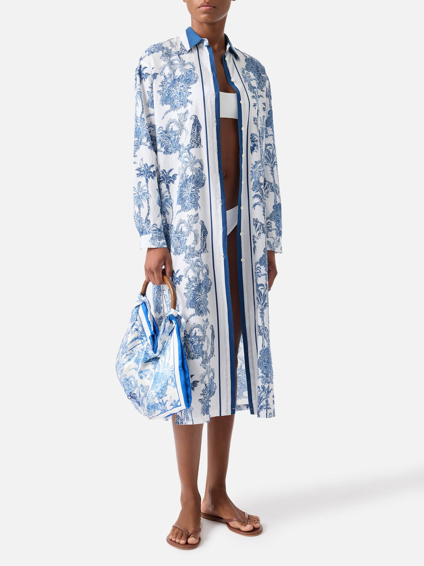 Long Adeline dress in cotton with toile de Jouy print