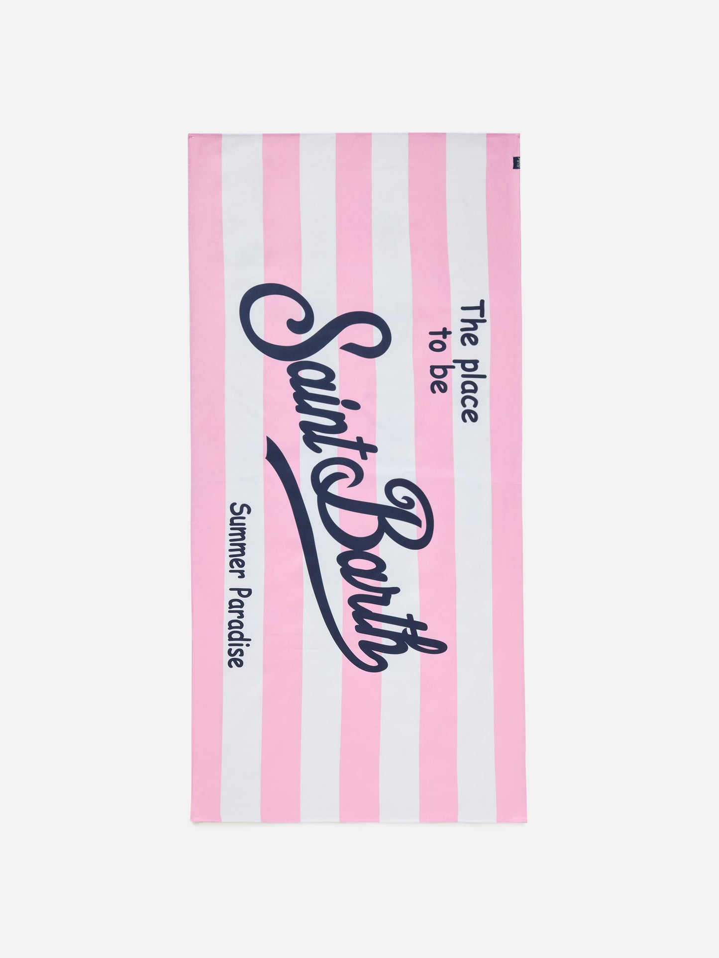 Aidan beach towel with pink and white stripes and logo