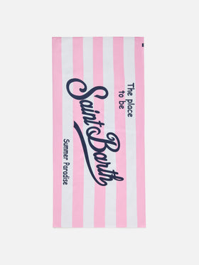 Aidan beach towel with pink and white stripes and logo