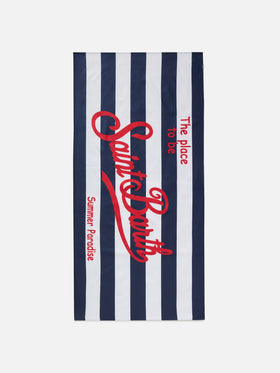 Aidan beach towel with blue and white stripes and logo