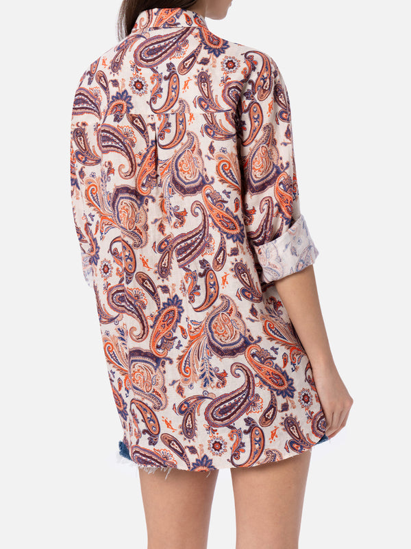 Woman linen shirt Alodie with paisley print and pockets