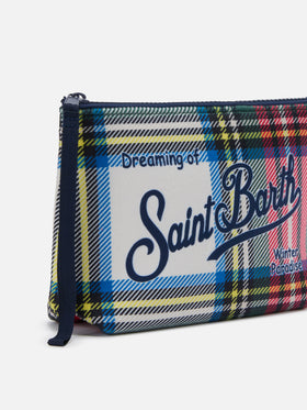 Pochette Aline effetto lana con stampa tartan bianca