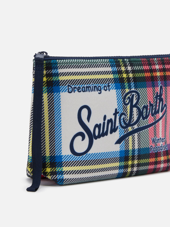 Pochette Aline effetto lana con stampa tartan bianca