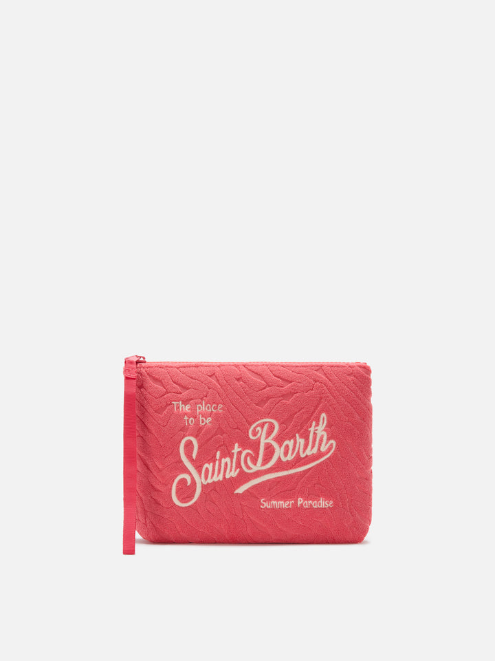 Aline terry-effect coral red pouch with embossed zebra pattern