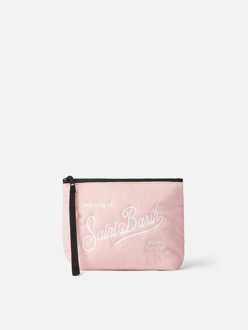 Pink puffer pochette Aline with logo embroidery