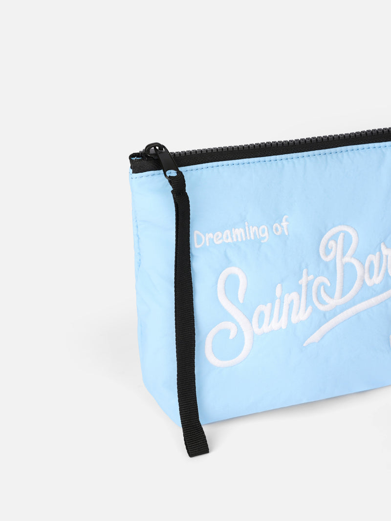 Hellblaue Puffer-Pochette Aline mit Logo-Stickerei